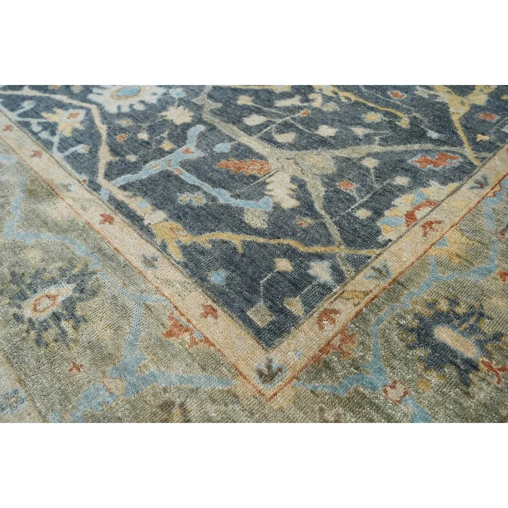Multi Size Blue Hand Knotted Oushak Wool Area Rug Traditional Design