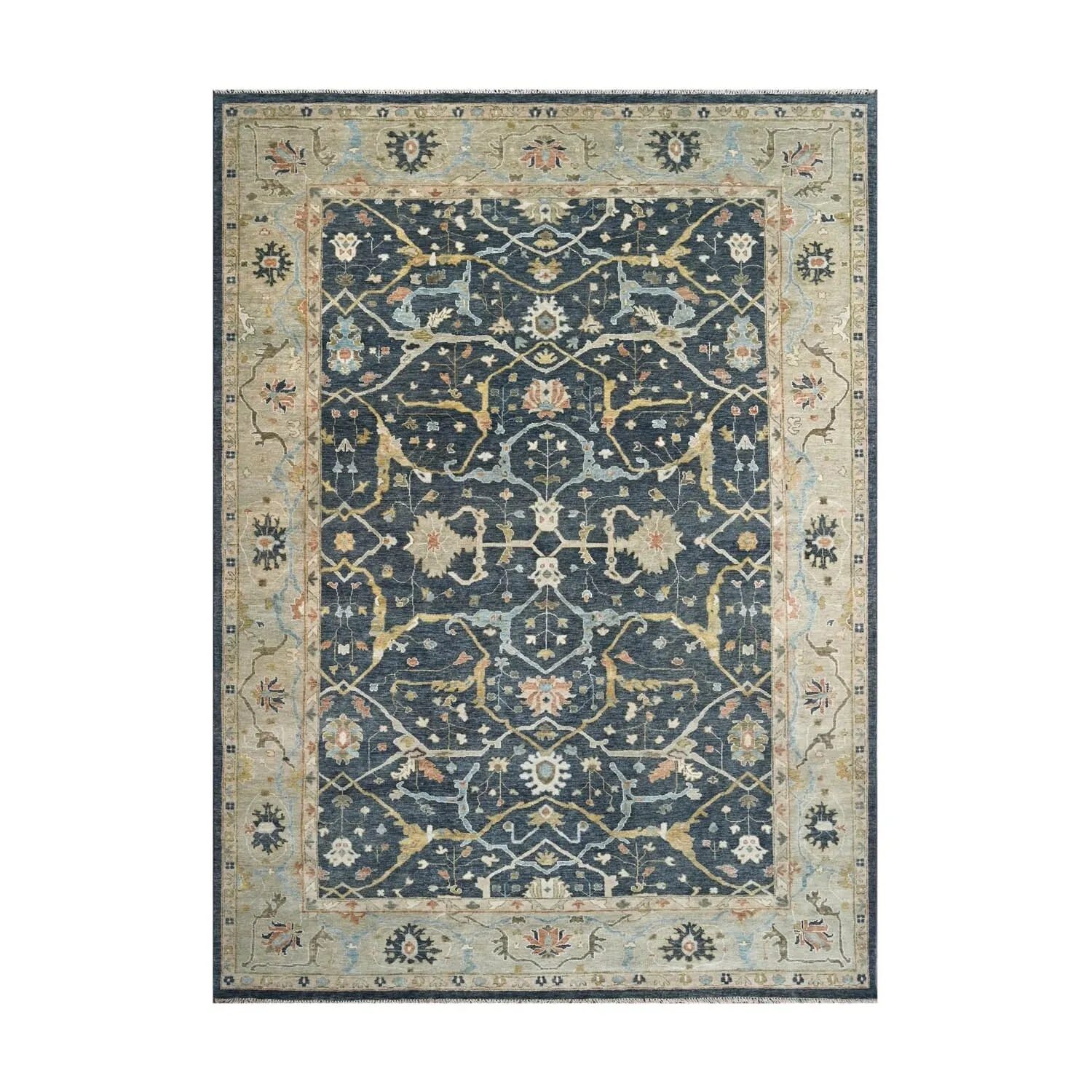 Multi Size Blue Hand Knotted Oushak Wool Area Rug Traditional Design