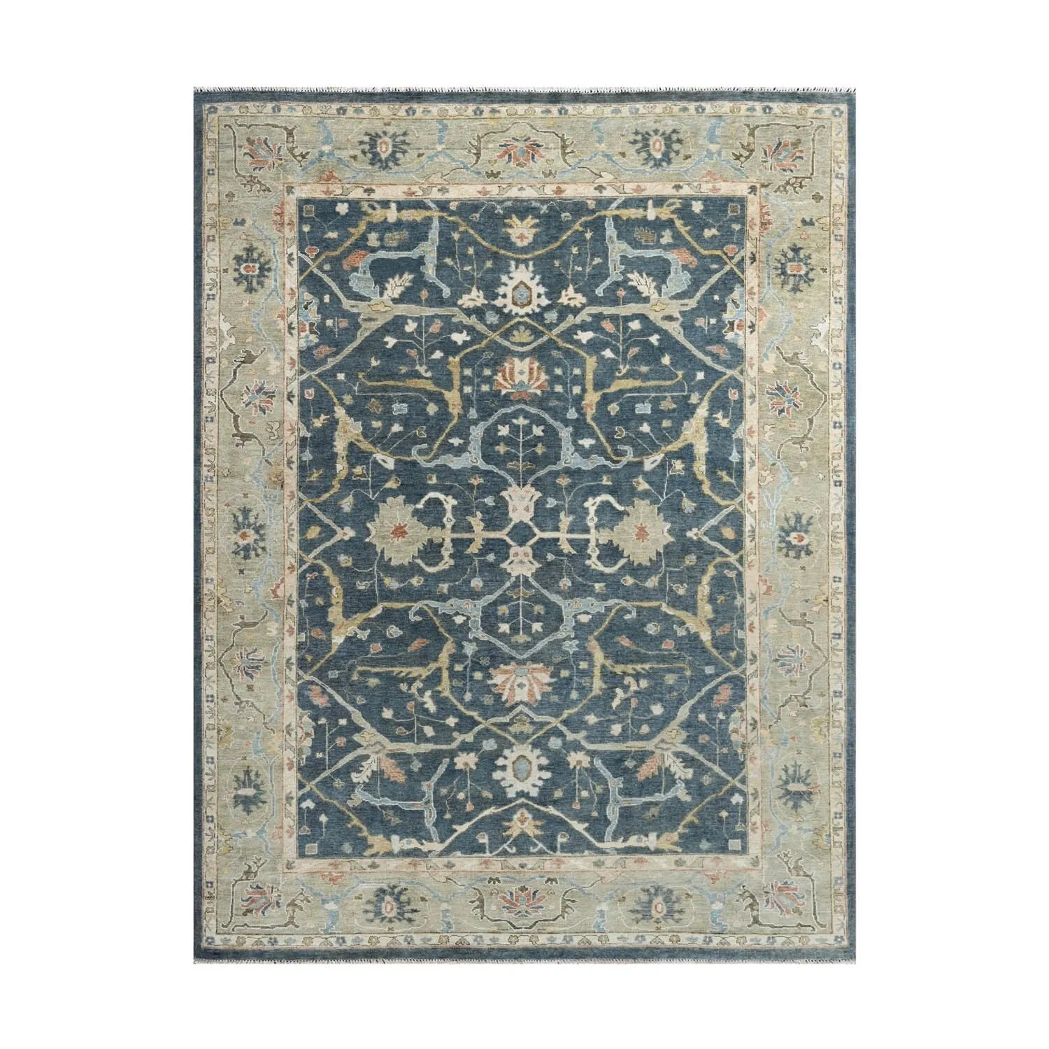 Multi Size Blue Hand Knotted Oushak Wool Area Rug Traditional Design