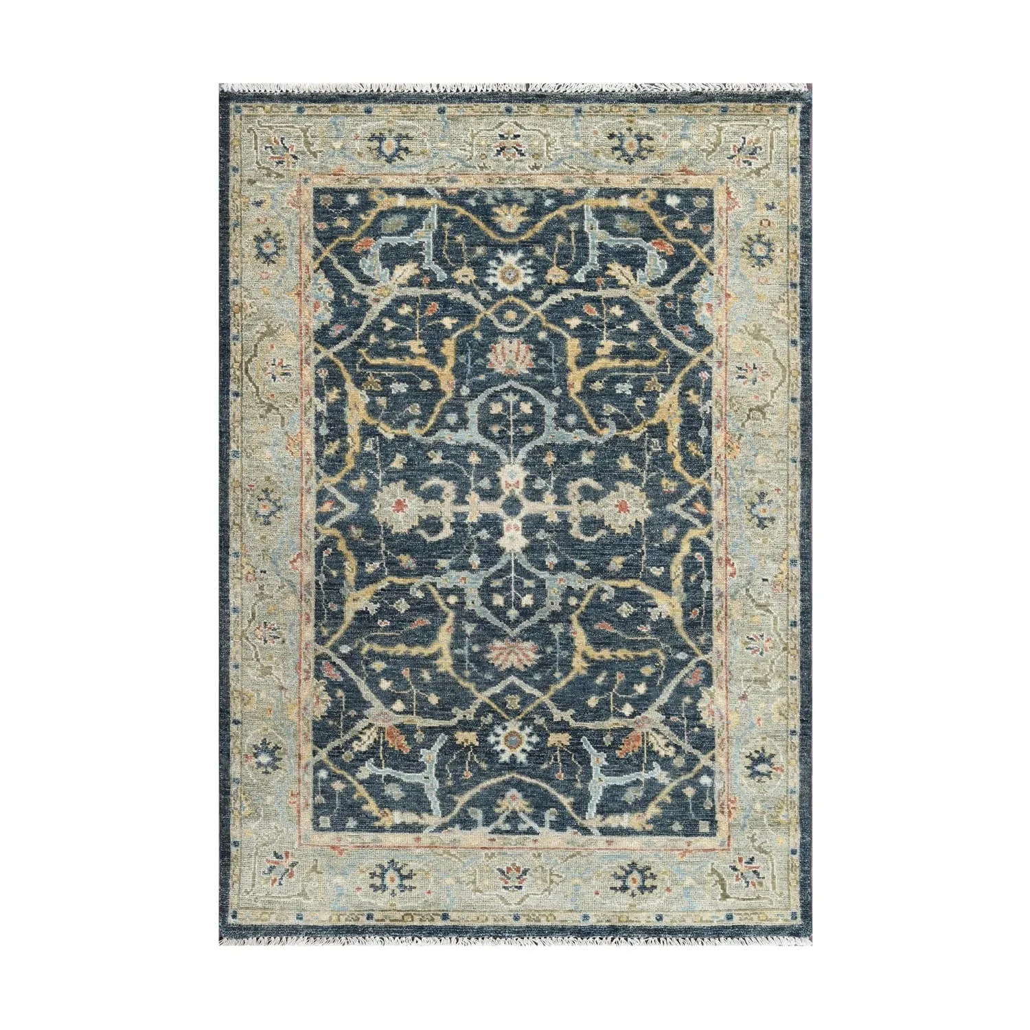 Multi Size Blue Hand Knotted Oushak Wool Area Rug Traditional Design