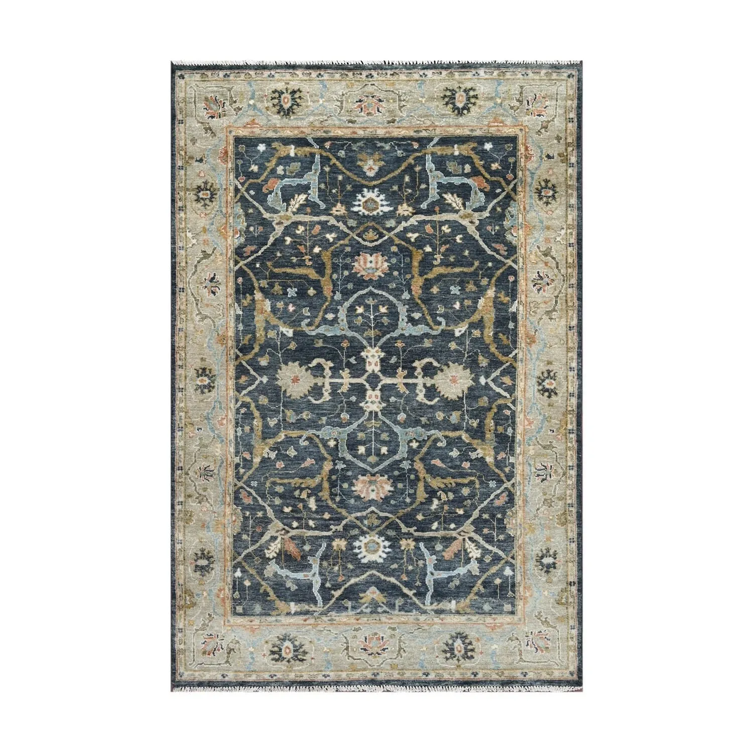 Multi Size Blue Hand Knotted Oushak Wool Area Rug Traditional Design