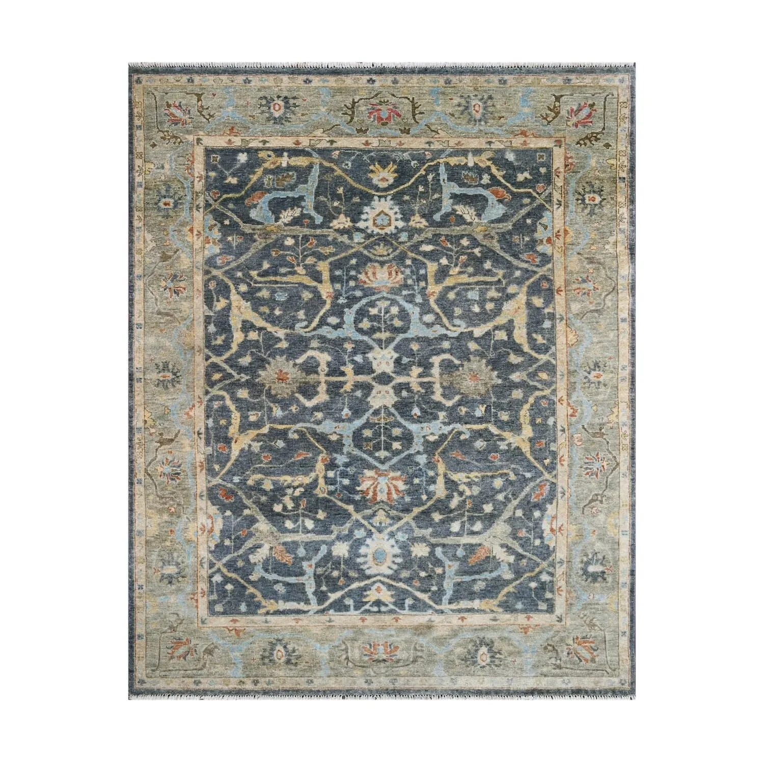 Multi Size Blue Hand Knotted Oushak Wool Area Rug Traditional Design
