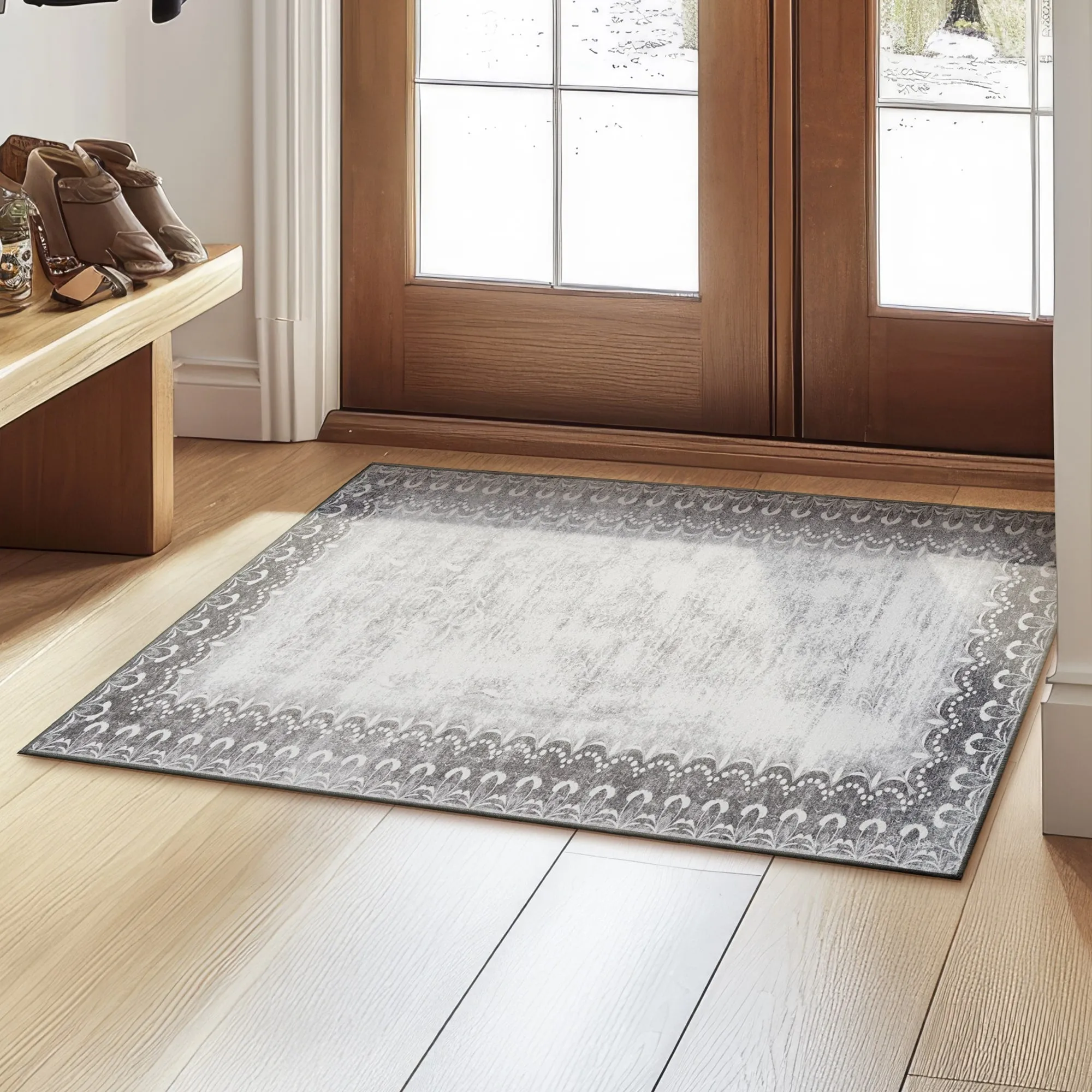 My Magic Carpet Dardon Bordered Grey Machine Washable Rug