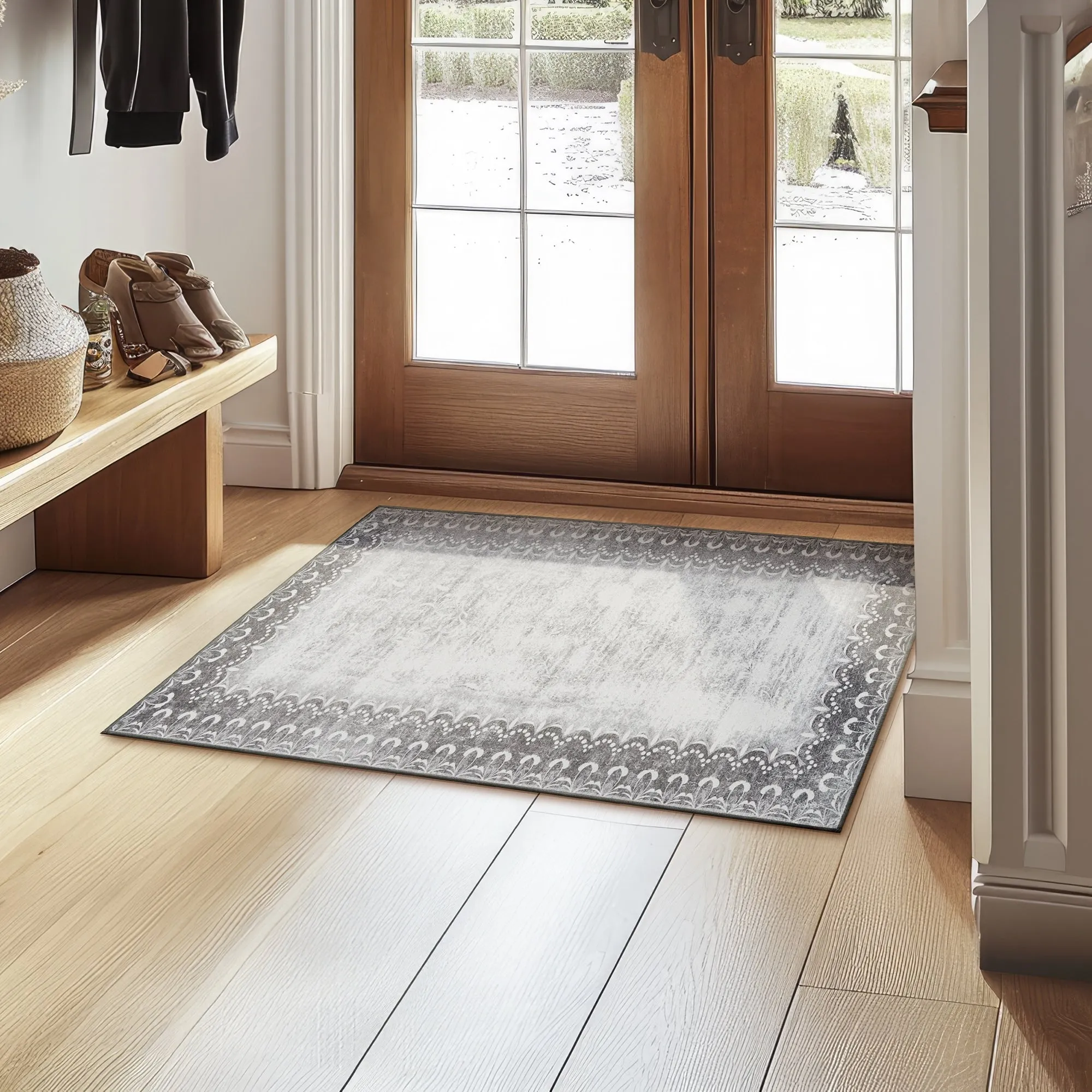 My Magic Carpet Dardon Bordered Grey Machine Washable Rug