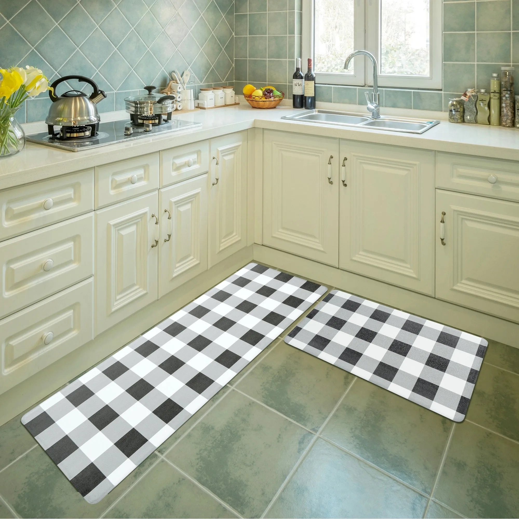 Non Slip PVC Foam Washable Kitchen Rugs and Mats 2 Piece Set - N/A