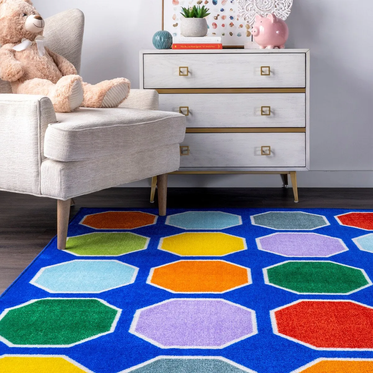 Nuloom Blue Playtime Geometric Octagons Educational Kids Area Rug