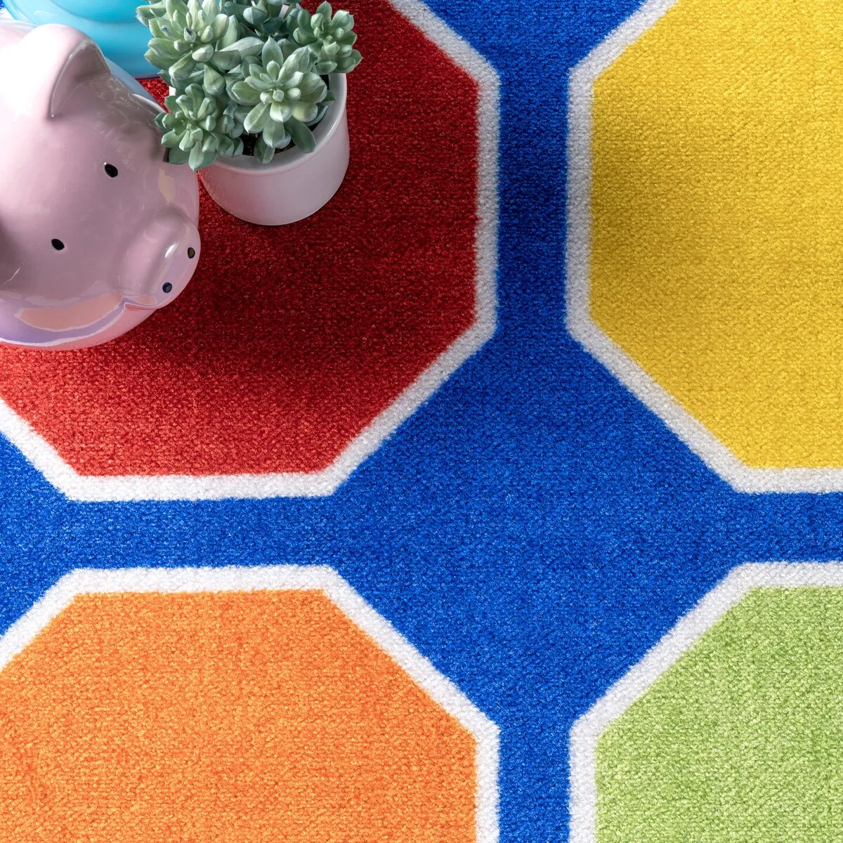Nuloom Blue Playtime Geometric Octagons Educational Kids Area Rug