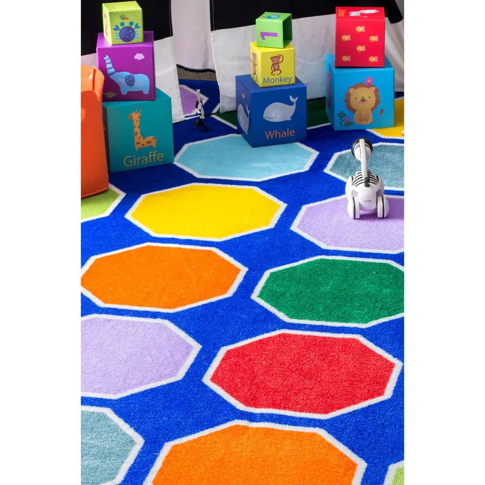 Nuloom Blue Playtime Geometric Octagons Educational Kids Area Rug
