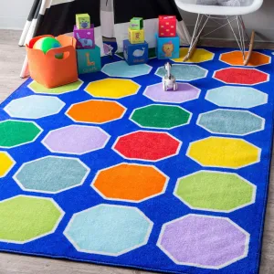 Nuloom Blue Playtime Geometric Octagons Educational Kids Area Rug
