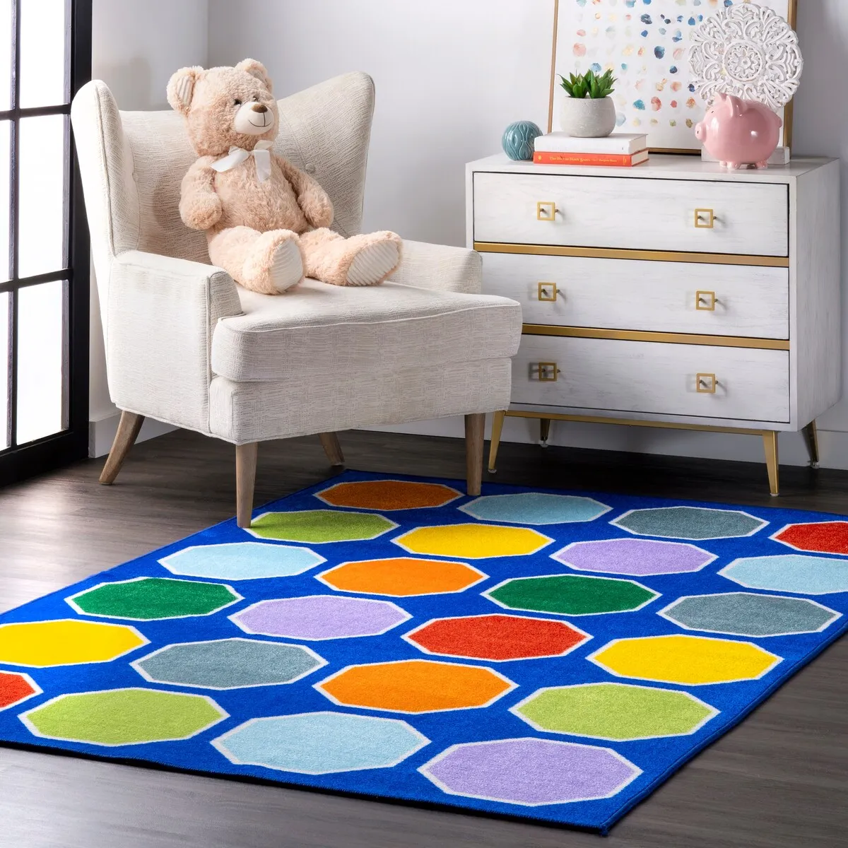 Nuloom Blue Playtime Geometric Octagons Educational Kids Area Rug