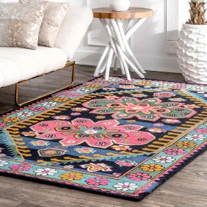 Nuloom Multi Southwestern Kids Wool Cayuse Floral Daisy Bloom Border Area Rug