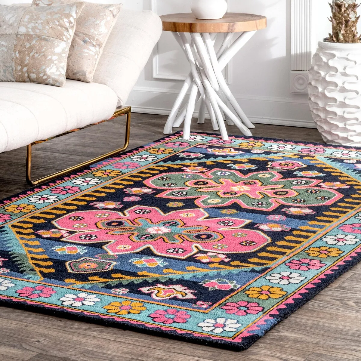 Nuloom Multi Southwestern Kids Wool Cayuse Floral Daisy Bloom Border Area Rug