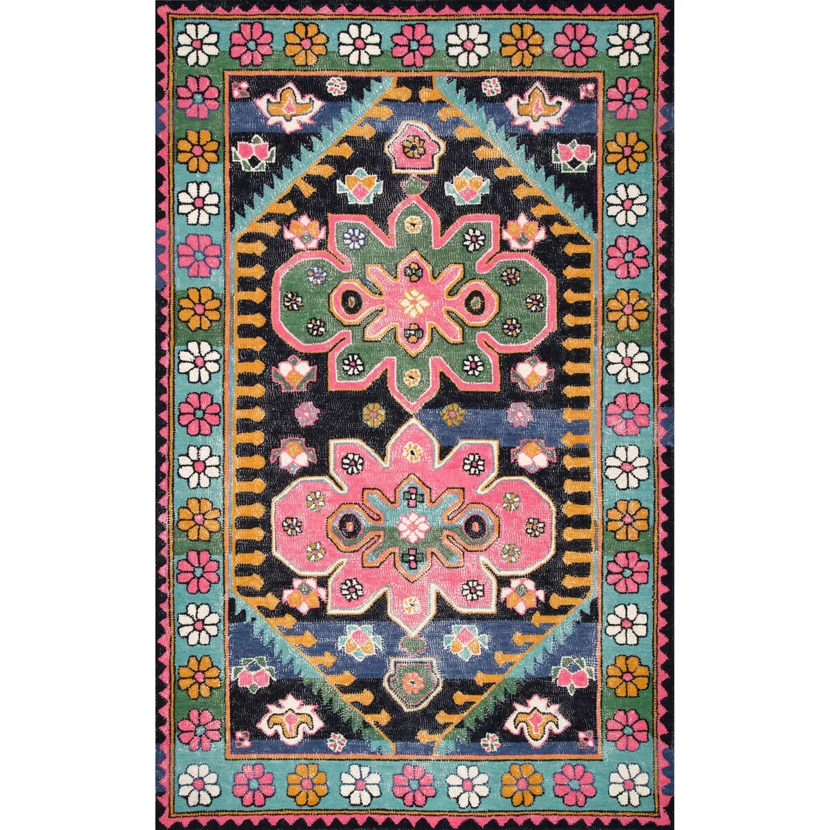 Nuloom Multi Southwestern Kids Wool Cayuse Floral Daisy Bloom Border Area Rug