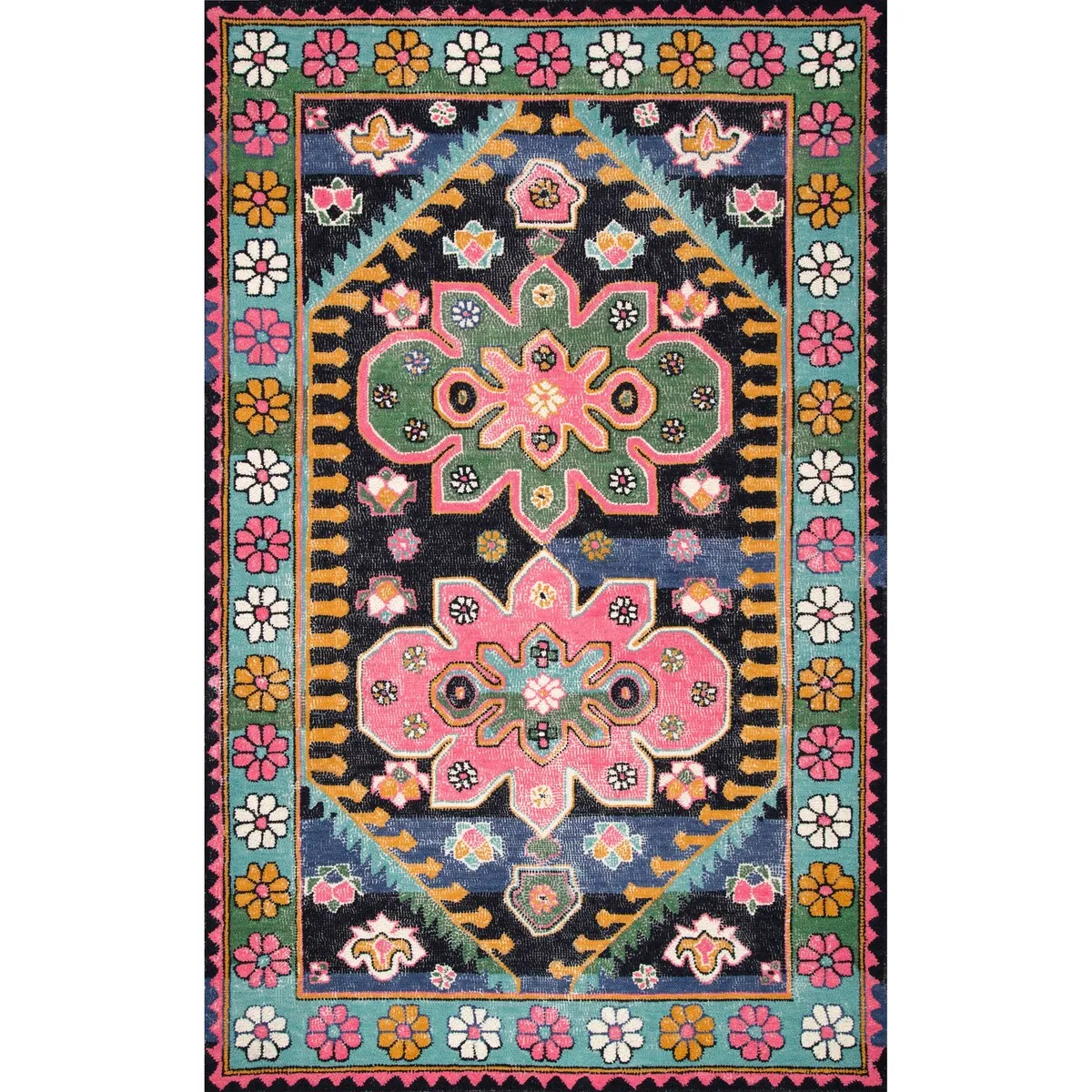 Nuloom Multi Southwestern Kids Wool Cayuse Floral Daisy Bloom Border Area Rug