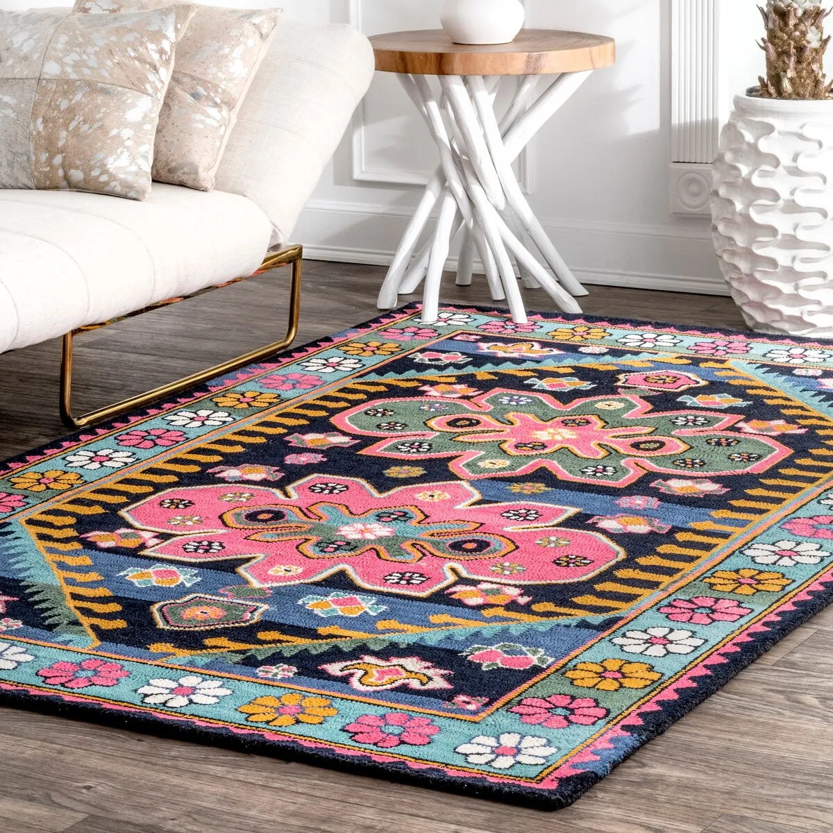 Nuloom Multi Southwestern Kids Wool Cayuse Floral Daisy Bloom Border Area Rug