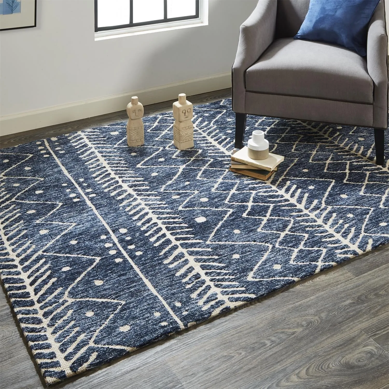 Oliena Modern Mid-Century Tribal Rug. Denim Blue. Accent Rug