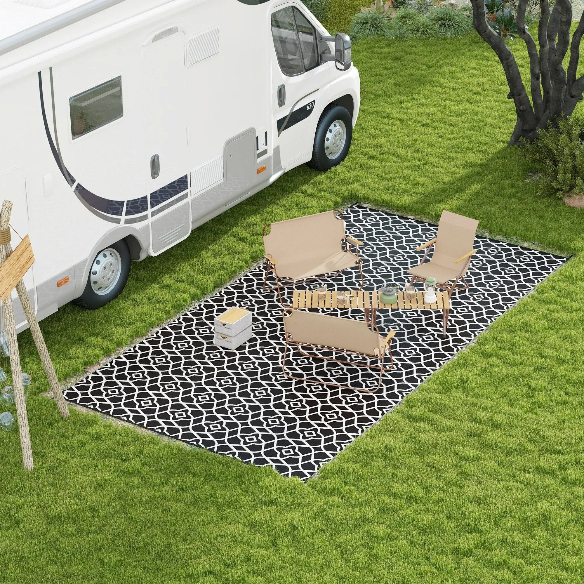 Outsunny Reversible Outdoor Rug. 9' x 18' Waterproof Plastic Straw Floor Mat. Portable RV Camping Carpet