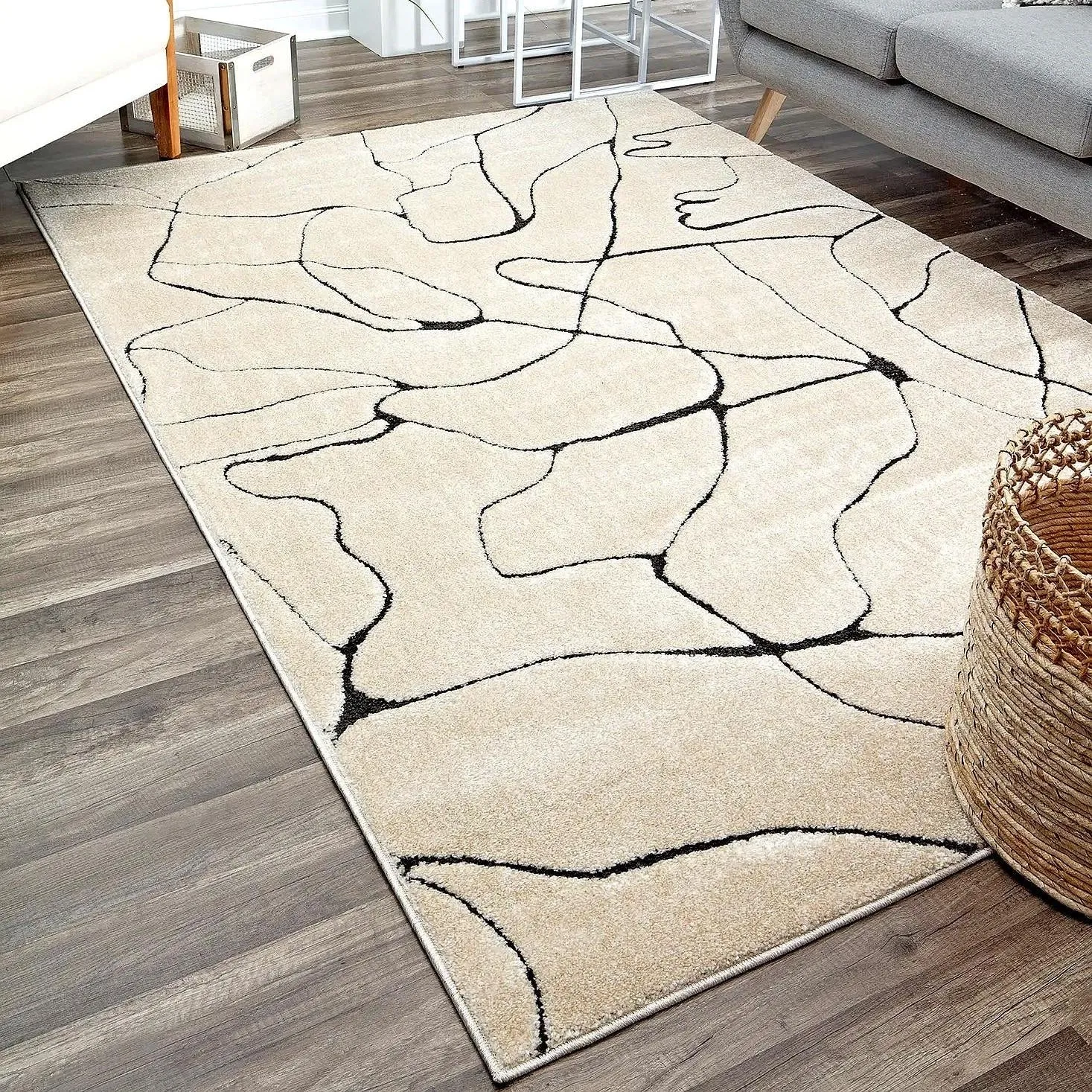 Rugs America Mid Century Modern Marble Cream Beige Large Fluffy Area Rug
