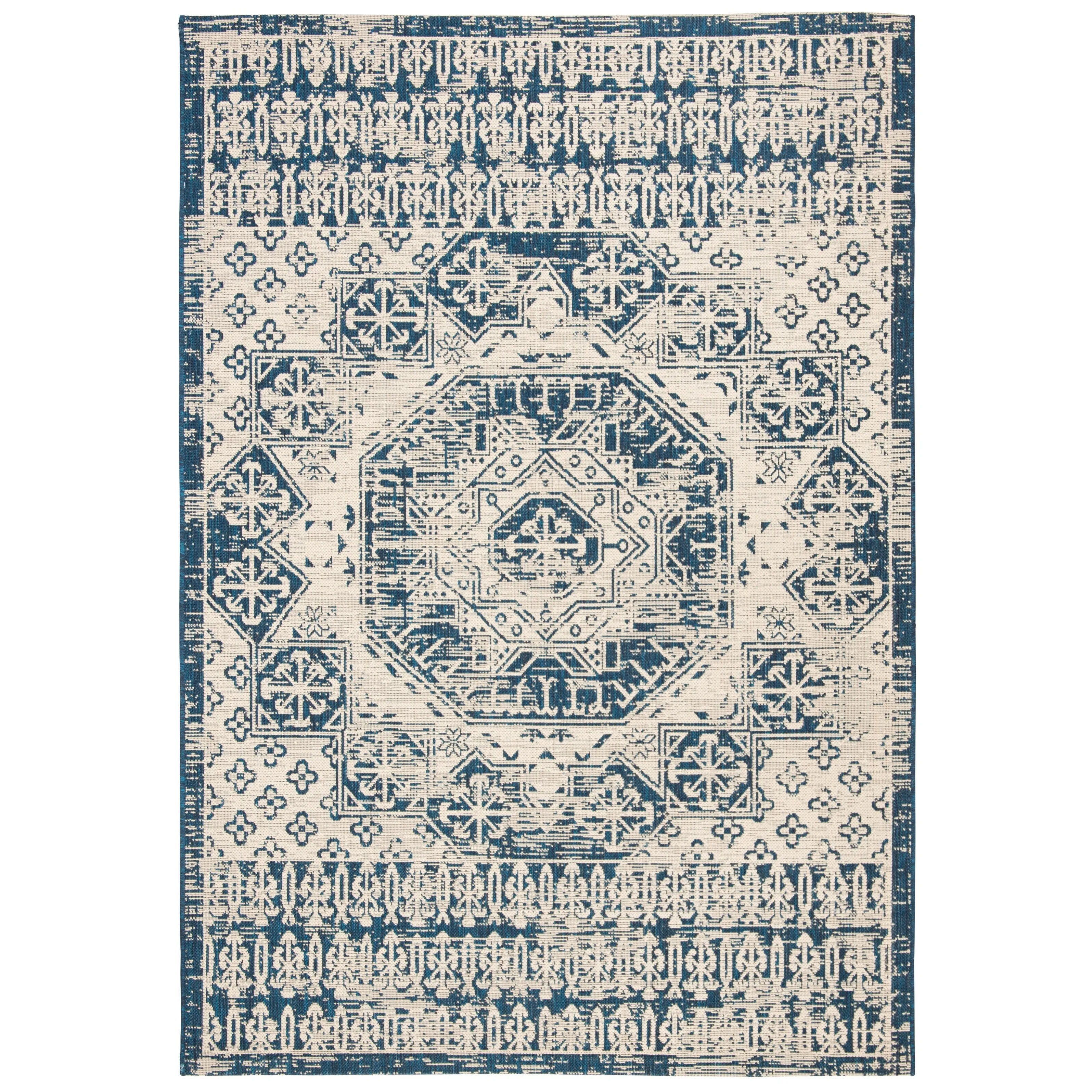 SAFAVIEH Courtyard Leanne Indoor/ Outdoor Waterproof Patio Backyard Rug - Beige/Navy - 5'3 x 7'7