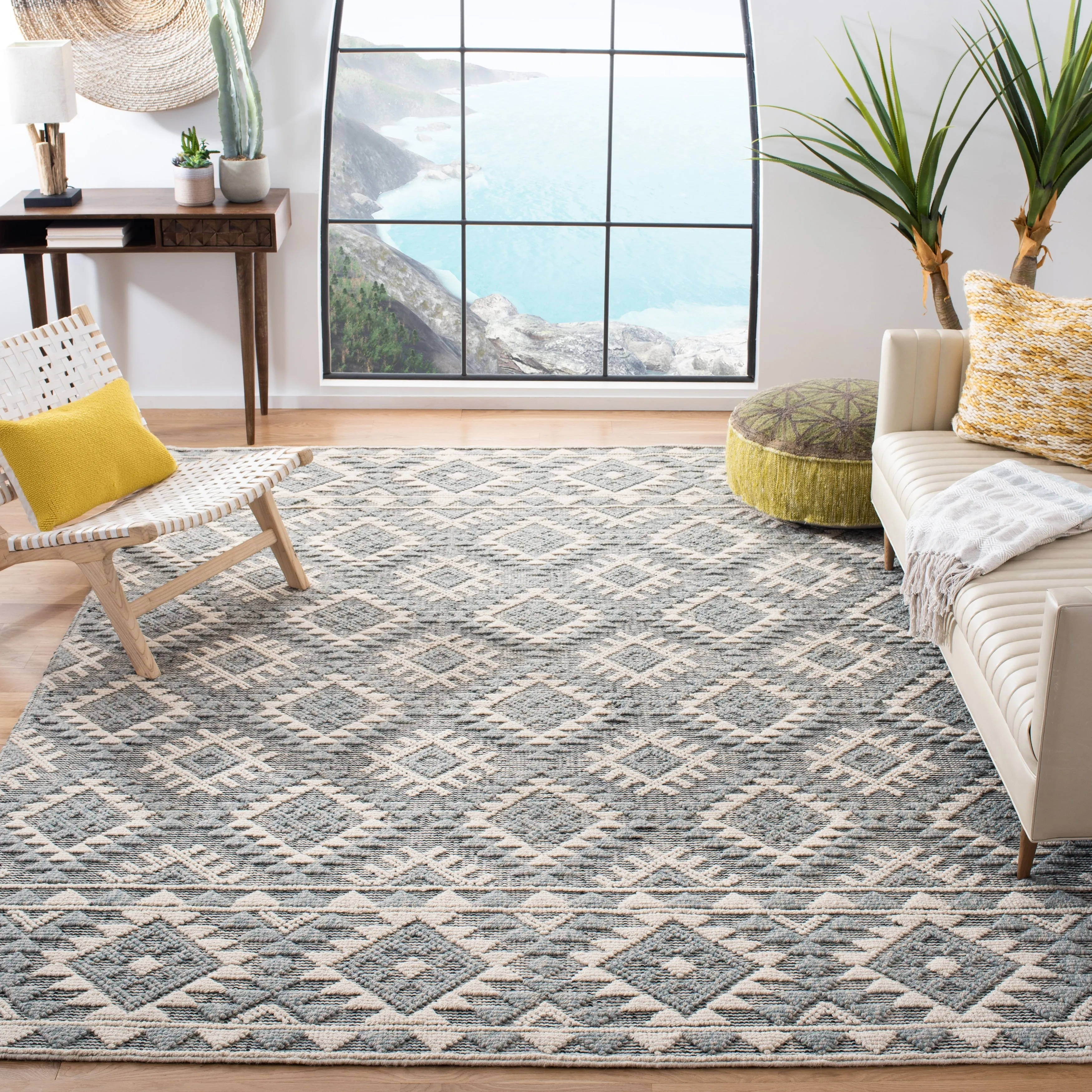 SAFAVIEH Handmade Natura Nouri Transitional Geometric Cream/Aqua Wool Rug