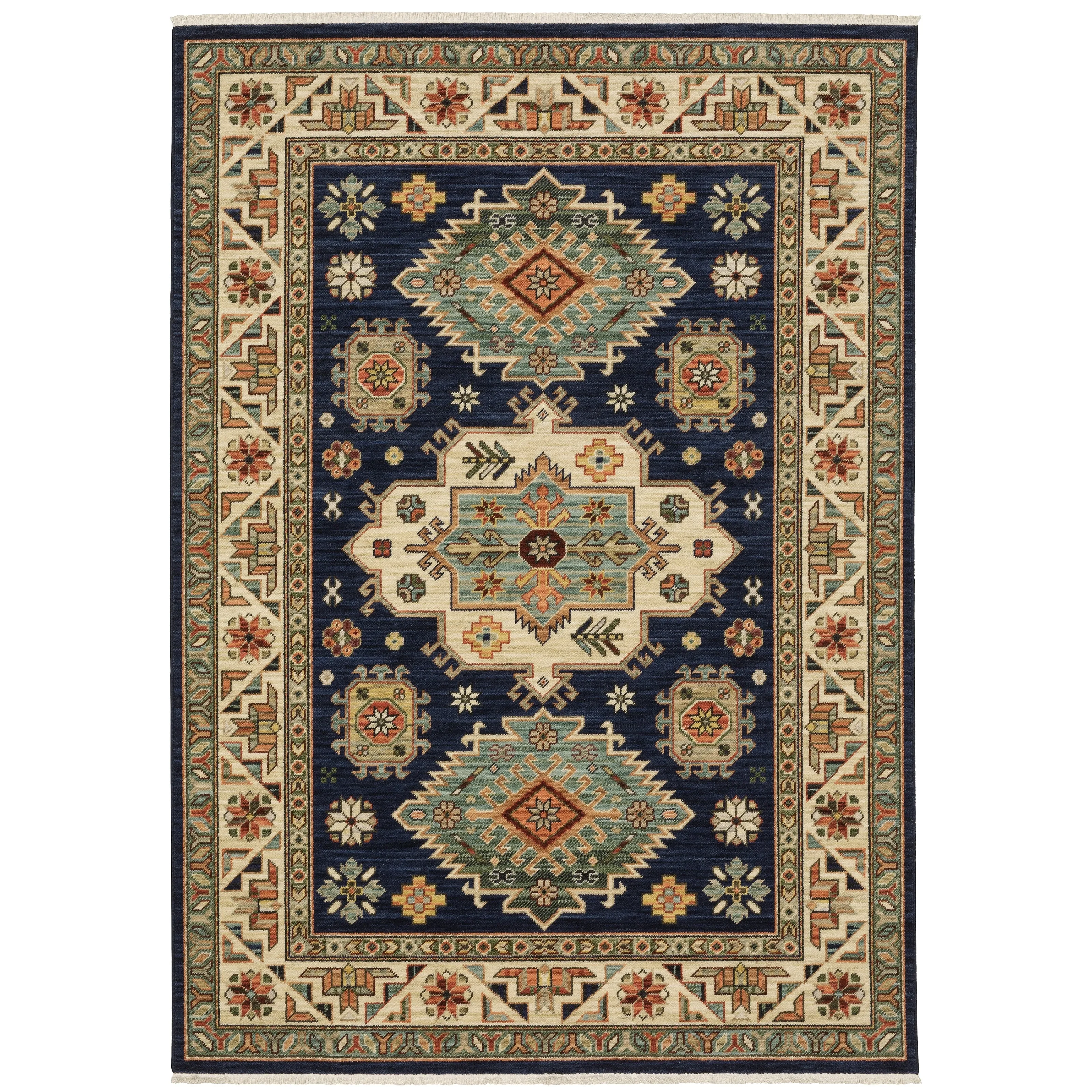 Style Haven Leander Tribal Medallion Navy/ Multi Fringed Wool Blend Area Rug.