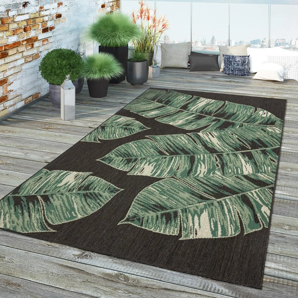 Tropical Outdoor Rug Jungle Leaves Design for Patio