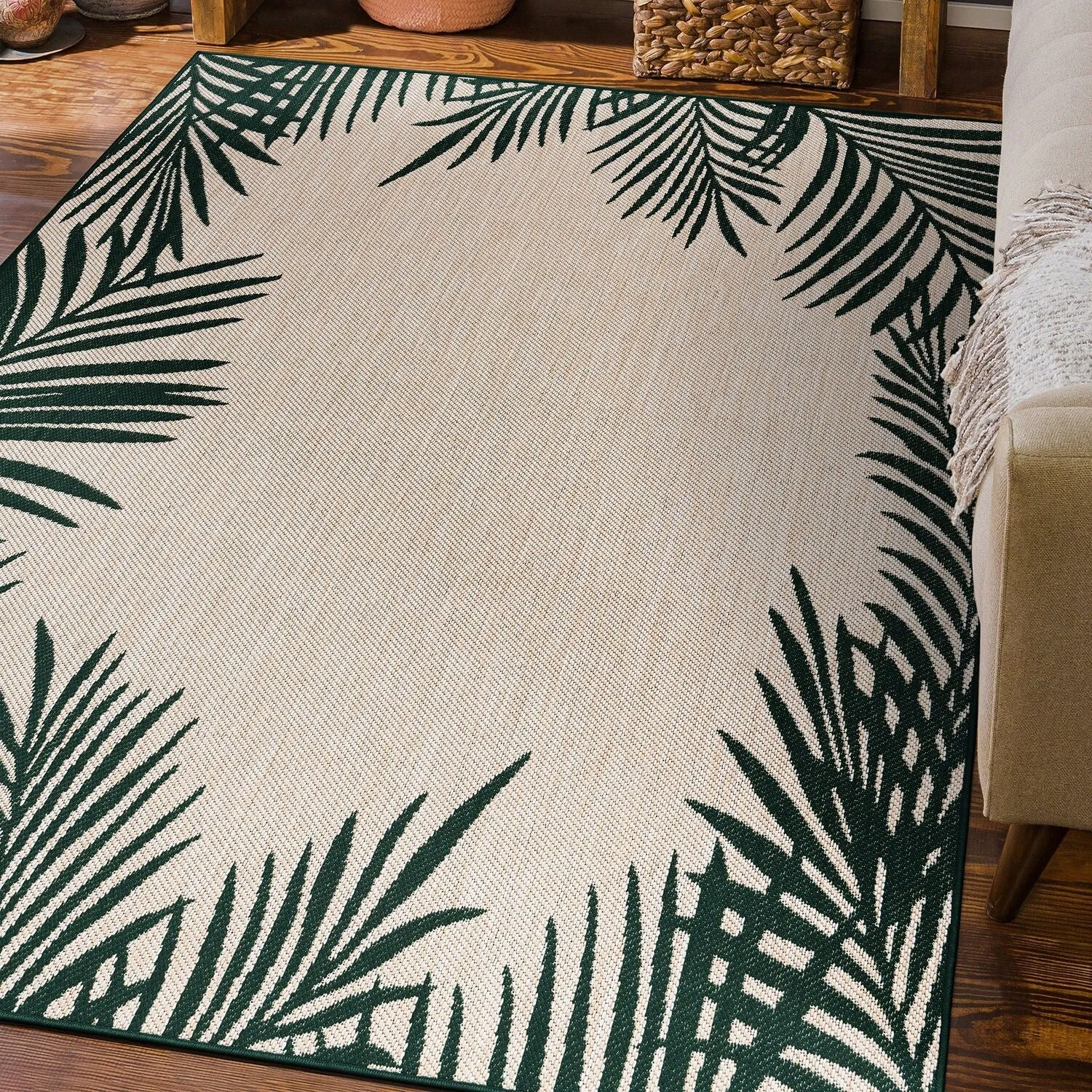 World Rug Gallery Tropical Floral Palm Leaves Textured Flat Weave Indoor/Outdoor Area Rug