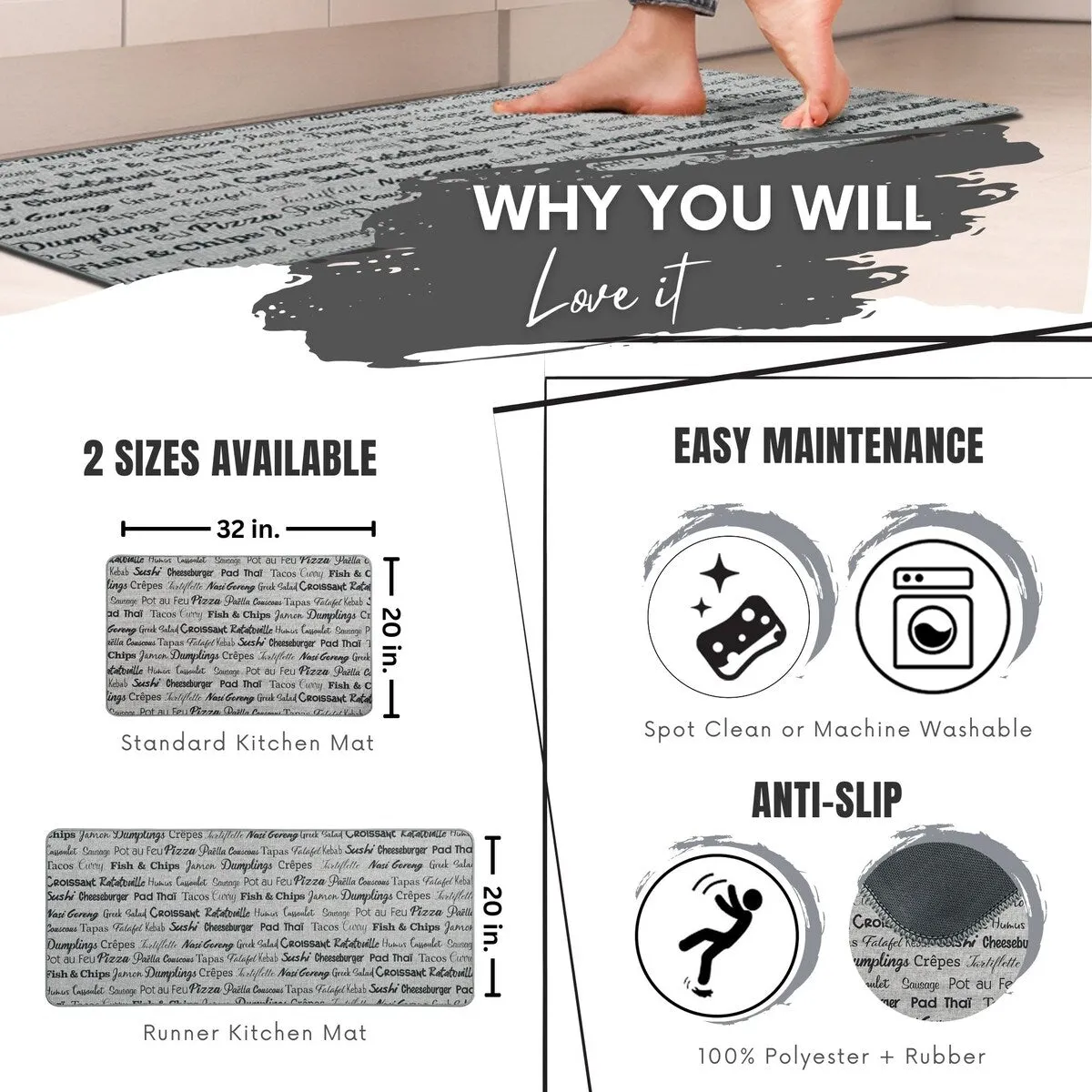 Writings Printed Kitchen Mats - Kitchen Words Design - Stylish & Durable